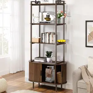 71" Tall Fluted Bookshelf with Sliding Tambour Doors, 4-Tier Book Shelf with Open Display Shelves and Adjustable Footpad, Modern Bookcase with Storage Cabinet for Living Room, Bedroom (Brown) 71" Tall Fluted Bookshelf with Sliding Tambour Doors, 4-Tier Book Shelf with Open Display Shelves and Adjustable Footpad, Modern Bookcase with Storage Cabinet for Living Room, Bedroom (Brown)