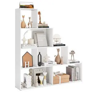 Step Bookcase 4-Tier, Wood, 6 Cube Storage Organizer, 64 Stepped Etagere Bookcase, Stair Shape Bookshelf, Freestanding L-Shaped Bookshelf for Living Room, Home Office, White Step Bookcase 4-Tier, Wood, 6 Cube Storage Organizer, 64 Stepped Etagere Bookcase, Stair Shape Bookshelf, Freestanding L-Shaped Bookshelf for Living Room, Home Office, White