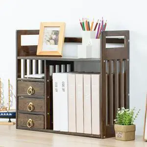 2 Tier Bamboo Countertop Bookshelf,Desktop Organizer Shelves with 3 Drawers,Desktop Bookcase for Home Office,Walnut 2 Tier Bamboo Countertop Bookshelf,Desktop Organizer Shelves with 3 Drawers,Desktop Bookcase for Home Office,Walnut