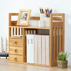 2 Tier Bamboo Countertop Bookshelf,Desktop Organizer Shelves with 3 Drawers,Desktop Bookcase for Home Office,Natural 2 Tier Bamboo Countertop Bookshelf,Desktop Organizer Shelves with 3 Drawers,Desktop Bookcase for Home Office,Natural