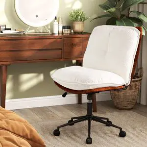 Criss Cross Chair on Wheels, Armless Comfy Cross Legged Office Chairs with Rocking Backrest, Wide Boucle Seat, Height Adjustable Vanity Accent Desk Chair for Home Office, White Criss Cross Chair on Wheels, Armless Comfy Cross Legged Office Chairs with Rocking Backrest, Wide Boucle Seat, Height Adjustable Vanity Accent Desk Chair for Home Office, White