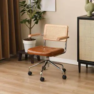 360° Free Swivel Desk Chair, Home Office Chairs with Natural Back Wood Armrest, Rattan Office Chairs Upholstered Tufted for Home Ofice, Study, Bedroom 360° Free Swivel Desk Chair, Home Office Chairs with Natural Back Wood Armrest, Rattan Office Chairs Upholstered Tufted for Home Ofice, Study, Bedroom