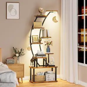 Bookshelf with Lights - 63" Tall Unique Bookshelves, 9-Tier Book Shelf for Collectibles, Black Display Shelf with Light, Half-Moon Ladder Book Stands for Bedroom Living Room, Rustic Brown Bookshelf with Lights - 63" Tall Unique Bookshelves, 9-Tier Book Shelf for Collectibles, Black Display Shelf with Light, Half-Moon Ladder Book Stands for Bedroom Living Room, Rustic Brown