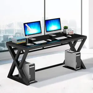 NA Tempered Glass Computer Desk with X-Shaped Metal Frame, Fashion Modern Design Writing and Study Desk, Work Desk for Home Office (55.1 inch) NA Tempered Glass Computer Desk with X-Shaped Metal Frame, Fashion Modern Design Writing and Study Desk, Work Desk for Home Office (55.1 inch)