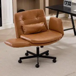 Criss Cross Office Chair with Flip Armrests, PU Leather, Brown | Swivel Vanity Chair with Side Pockets, Ergonomic Cross Legged Office Chair with Wheels, Adjustable Height Computer Desk Chair Criss Cross Office Chair with Flip Armrests, PU Leather, Brown | Swivel Vanity Chair with Side Pockets, Ergonomic Cross Legged Office Chair with Wheels, Adjustable Height Computer Desk Chair