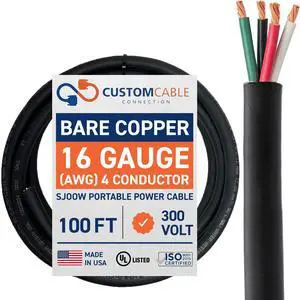 16/4 SJOOW 300V Cable 16 Gauge (16 AWG) Portable Power Cable with 4 Conductors Fully Annealed Stranded Bare Copper Wires Water & Oil Resistant for Heavy Duty Industrial Use USA Made (100ft) 16/4 SJOOW 300V Cable 16 Gauge (16 AWG) Portable Power Cable with 4 Conductors Fully Annealed Stranded Bare Copper Wires Water & Oil Resistant for Heavy Duty Industrial Use USA Made (100ft)
