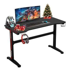 Gaming Desk, 47 Inch Computer Desk with Carbon Fiber Surface, Gaming Table T Shaped PC Gamer Workstation Home Office Desks with Cup Holder and Headphone Hook, Red & Black Gaming Desk, 47 Inch Computer Desk with Carbon Fiber Surface, Gaming Table T Shaped PC Gamer Workstation Home Office Desks with Cup Holder and Headphone Hook, Red & Black