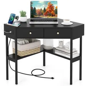Corner Desk with Charging Station, 90 Degree Triangle Computer Desk with 2 Drawers & Storage Shelf, L-Shaped Writing Desk Makeup Vanity Table, Compact Corner Desk for Small Spaces (Black) Corner Desk with Charging Station, 90 Degree Triangle Computer Desk with 2 Drawers & Storage Shelf, L-Shaped Writing Desk Makeup Vanity Table, Compact Corner Desk for Small Spaces (Black)