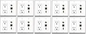 15 Amp Power Outlet 1 Port HDMI Coax Shielded Cat6 Ethernet Ethernet Wall Plate - White (10 Pack) 15 Amp Power Outlet 1 Port HDMI Coax Shielded Cat6 Ethernet Ethernet Wall Plate - White (10 Pack)