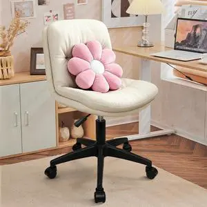 Small Office Desk Chair, PU Leather Armless Swivel Chair with Lumbar Pillow, Height Adjustable Task Chair for Small Spaces, Bedroom & Vanity Beige Small Office Desk Chair, PU Leather Armless Swivel Chair with Lumbar Pillow, Height Adjustable Task Chair for Small Spaces, Bedroom & Vanity Beige