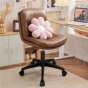 Small Office Desk Chair, PU Leather Armless Swivel Chair with Lumbar Pillow, Height Adjustable Task Chair for Small Spaces, Bedroom & Vanity Brown Small Office Desk Chair, PU Leather Armless Swivel Chair with Lumbar Pillow, Height Adjustable Task Chair for Small Spaces, Bedroom & Vanity Brown