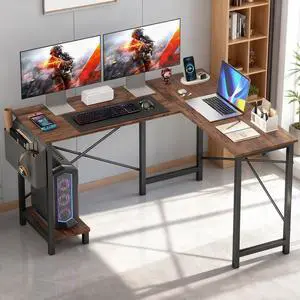 50-Inch L Shaped Desk, Corner Computer Desk & Gaming Desk for Home Office and Dorm, Sturdy Writing Workstation with CPU Stand and Side Storage Bag (Brown) 50-Inch L Shaped Desk, Corner Computer Desk & Gaming Desk for Home Office and Dorm, Sturdy Writing Workstation with CPU Stand and Side Storage Bag (Brown)
