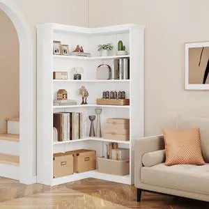 72" L-Shaped Corner Bookcase, 5-Shelf Wooden Bookcase for Living Room/Office, Rustic Storage Rack, Anti-Tip Design, Easy Assembly, Half Back (35.6" L×35.6" W) 72" L-Shaped Corner Bookcase, 5-Shelf Wooden Bookcase for Living Room/Office, Rustic Storage Rack, Anti-Tip Design, Easy Assembly, Half Back (35.6" L×35.6" W)