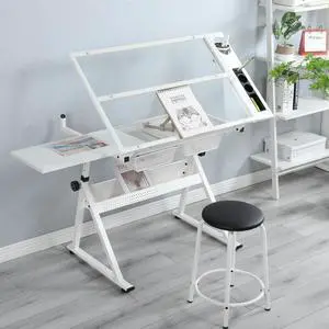 Drafting Table with Adjustable Tabletop and Stool, Multifunctional Art Craft Drawing Desk with Tilting Glass Tabletop, Study Metal Workstation with Storage for Home Office, White Drafting Table with Adjustable Tabletop and Stool, Multifunctional Art Craft Drawing Desk with Tilting Glass Tabletop, Study Metal Workstation with Storage for Home Office, White