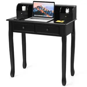 Byroce Small Writing Desk with Removable Hutch, 2-Tier Vanity Table with 4 Drawers, 3 Cubbies & Pine Wood Legs, Study Computer Desk for Bedroom Home Office (Black) Byroce Small Writing Desk with Removable Hutch, 2-Tier Vanity Table with 4 Drawers, 3 Cubbies & Pine Wood Legs, Study Computer Desk for Bedroom Home Office (Black)