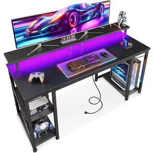 55 Inches Gaming Desk with LED Lights, Computer Desk with Monitor Stand, Pc Table with CPU Stand, Carbon Fiber Black 55 Inches Gaming Desk with LED Lights, Computer Desk with Monitor Stand, Pc Table with CPU Stand, Carbon Fiber Black