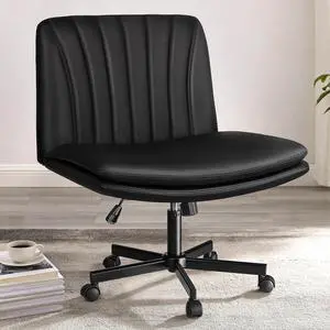 Modern Black Criss Cross Office Chair, Comfy Cross Legged Desk Chair with Wheels, PU Leather Armless Makeup Vanity Chair, Swivel Height Adjustable Mid Back Wide Seat Computer Task Chair Modern Black Criss Cross Office Chair, Comfy Cross Legged Desk Chair with Wheels, PU Leather Armless Makeup Vanity Chair, Swivel Height Adjustable Mid Back Wide Seat Computer Task Chair
