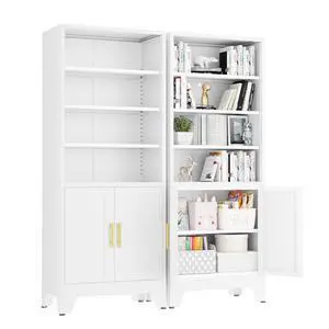 71" Metal Bookcases and Bookshelves with 2 Doors and 4 Adjustable Shelves, Tall White Storage Cabinet Industrial Modern Open Display Book Shelf for Living Room, Bedroom, Office (White) 71" Metal Bookcases and Bookshelves with 2 Doors and 4 Adjustable Shelves, Tall White Storage Cabinet Industrial Modern Open Display Book Shelf for Living Room, Bedroom, Office (White)