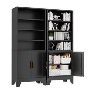 71" Metal Bookcases and Bookshelves with 2 Doors and 4 Adjustable Shelves, Tall Black Storage Cabinet Industrial Modern Open Display Book Shelf for Living Room, Bedroom, Office (Black) 71" Metal Bookcases and Bookshelves with 2 Doors and 4 Adjustable Shelves, Tall Black Storage Cabinet Industrial Modern Open Display Book Shelf for Living Room, Bedroom, Office (Black)