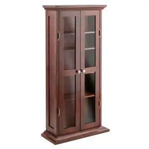 Solid Wood CD & DVD Media Storage Cabinet, Antique Walnut Finish, Glass Doors, 44.17 in H x 21.97 in W x 9.17 in D, 5 Shelves for DVDs, CDs, Transitional Style Organizer Solid Wood CD & DVD Media Storage Cabinet, Antique Walnut Finish, Glass Doors, 44.17 in H x 21.97 in W x 9.17 in D, 5 Shelves for DVDs, CDs, Transitional Style Organizer