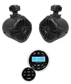RGHR2 Bundle: 1 Marine Gauge Hole Receiver w/Bluetooth, USB, AM/FM + (1) Pair RWB70B 6.5" Marine Wakeboard 360° Swivel Tower Speakers, Waterproof, 2-Piece RGHR2 Bundle: 1 Marine Gauge Hole Receiver w/Bluetooth, USB, AM/FM + (1) Pair RWB70B 6.5" Marine Wakeboard 360° Swivel Tower Speakers, Waterproof, 2-Piece