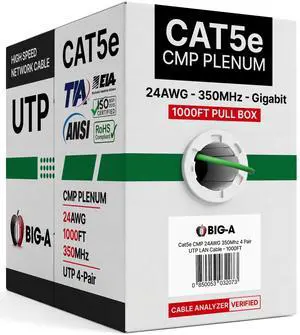 Plenum Ethernet Cable 1000ft, Bulk Cat5e Cable (CMP) Gigabit Solid Network Wire, 350MHz Cat5e Ethernet Cord, Unshielded Twisted Pair (UTP) - Green Plenum Ethernet Cable 1000ft, Bulk Cat5e Cable (CMP) Gigabit Solid Network Wire, 350MHz Cat5e Ethernet Cord, Unshielded Twisted Pair (UTP) - Green