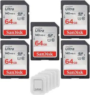 64GB Ultra SDXC UHS-I Class 10 Memory Card 140MB/s U1, Full HD, SD Camera Card SDSDUNB-064G (5 Pack) Bundle with (5) GoRAM Plastic Cases 64GB Ultra SDXC UHS-I Class 10 Memory Card 140MB/s U1, Full HD, SD Camera Card SDSDUNB-064G (5 Pack) Bundle with (5) GoRAM Plastic Cases