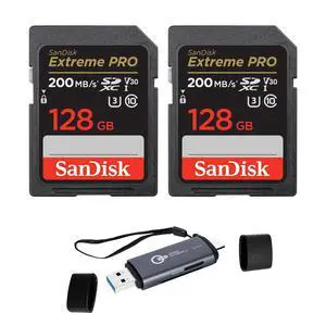 Extreme PRO 128GB 2-Pack UHS-I U3 SDXC Memory Card + Green Extreme USB 3.0 Type-A and Type-C OTG Card Reader Extreme PRO 128GB 2-Pack UHS-I U3 SDXC Memory Card + Green Extreme USB 3.0 Type-A and Type-C OTG Card Reader