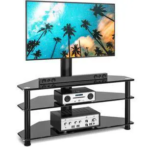Corner Swivel Glass TV Stand with Mount for 32-70 Inch Screen TV up to 110lbs, Height Adjustable Corner TV Stand with Mount, Entertainment Center with TV Mount and 3-Tier Storage for AV Media Corner Swivel Glass TV Stand with Mount for 32-70 Inch Screen TV up to 110lbs, Height Adjustable Corner TV Stand with Mount, Entertainment Center with TV Mount and 3-Tier Storage for AV Media