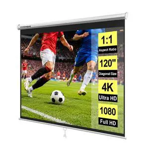 120 Inch 1:1 Pull Down Projector Screen, HD 4K Retractable Movie Screen for Indoor Home Theater and Office, Manual Projection Screen with Auto Locking (84Wx84H Inch Display Area), White 120 Inch 1:1 Pull Down Projector Screen, HD 4K Retractable Movie Screen for Indoor Home Theater and Office, Manual Projection Screen with Auto Locking (84Wx84H Inch Display Area), White