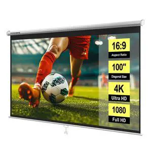 100 Inch 16:9 Pull Down Projector Screen, HD 4K Retractable Movie Screen for Indoor Home Theater and Office, Manual Projection Screen with Auto Locking (87W x 49H Inch Display Area), White 100 Inch 16:9 Pull Down Projector Screen, HD 4K Retractable Movie Screen for Indoor Home Theater and Office, Manual Projection Screen with Auto Locking (87W x 49H Inch Display Area), White