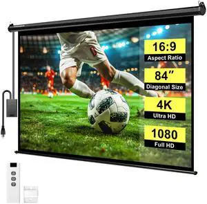 84 Inch 16:9 Motorized Projector Screen with Remote, Auto Electric Projection Screen, HD 4K Movie Screen for Home Theater, Cinema, Office (73W x 41H Display Area), Black 84 Inch 16:9 Motorized Projector Screen with Remote, Auto Electric Projection Screen, HD 4K Movie Screen for Home Theater, Cinema, Office (73W x 41H Display Area), Black
