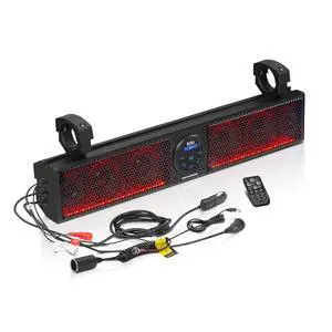 BRT26RGB IPX5 Weatherproof Bluetooth ATV Sound Bar - 26 Inches Wide, 4 inch Speakers, Tweeters, Amplified, Multicolor Illumination BRT26RGB IPX5 Weatherproof Bluetooth ATV Sound Bar - 26 Inches Wide, 4 inch Speakers, Tweeters, Amplified, Multicolor Illumination