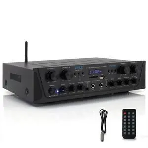 4-Channel Audio Amplifier with Bluetooth - Home Stereo Receiver w/ 500W Max Power - Commercial or Karaoke - Dual Mic Input with Echo, Vol, Talk-Over - AUX In - Sub Out - USB-A MP3 Player, AM/FM 4-Channel Audio Amplifier with Bluetooth - Home Stereo Receiver w/ 500W Max Power - Commercial or Karaoke - Dual Mic Input with Echo, Vol, Talk-Over - AUX In - Sub Out - USB-A MP3 Player, AM/FM
