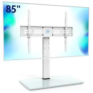 Universal TV Stand with Swivel Mount for 50-85 inch Flat Screens - Height Adjustable Tempered Glass Base Holds up to 110 lbs, White Universal TV Stand with Swivel Mount for 50-85 inch Flat Screens - Height Adjustable Tempered Glass Base Holds up to 110 lbs, White