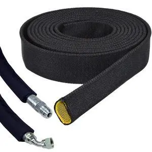 1/2" Hydraulic Hose Burst Protection Sleeving Nylon Hose Guard Protector Sleeve - 50 Feet - Black with Yellow Inner Liner 1/2" Hydraulic Hose Burst Protection Sleeving Nylon Hose Guard Protector Sleeve - 50 Feet - Black with Yellow Inner Liner