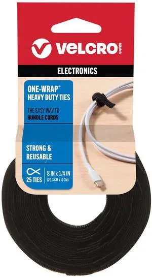 ONE-WRAP Cable Ties, Strong Construction Narrow Width 1/4 in x 8 in Pre-Cut Ties, 25ct, Black For Cable, Wire and Cord Management ONE-WRAP Cable Ties, Strong Construction Narrow Width 1/4 in x 8 in Pre-Cut Ties, 25ct, Black For Cable, Wire and Cord Management