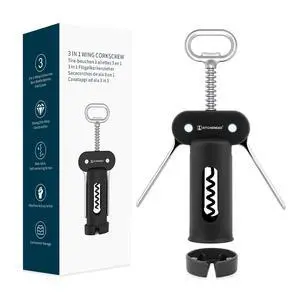 3 in 1 Wing Corkscrew Wine Bottle Opener with Foil Cutter, Built-in Beer Bottle Opener, Multifunctional Wine Opener with Non-Stick Sharp Screw, Easy to Use, Manual Wine Corkscrew, Black 3 in 1 Wing Corkscrew Wine Bottle Opener with Foil Cutter, Built-in Beer Bottle Opener, Multifunctional Wine Opener with Non-Stick Sharp Screw, Easy to Use, Manual Wine Corkscrew, Black