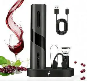 Electric Wine Opener Set, Rechargeable 6-in-1 Wine Gifts for Wine Lovers with Charging Base, Foil Cutter, Wine Aerator Pourer & Vacuum Stoppers (Light Black) Electric Wine Opener Set, Rechargeable 6-in-1 Wine Gifts for Wine Lovers with Charging Base, Foil Cutter, Wine Aerator Pourer & Vacuum Stoppers (Light Black)