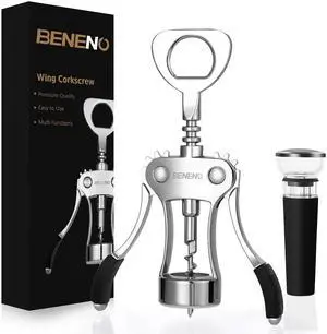 Wine Opener with Silicone Leak Proof Wine Vacuum Stopper, Zinc Alloy Premium Wing Corkscrew with Multifunctional Bottles Opener, Matte Black Wine Opener with Silicone Leak Proof Wine Vacuum Stopper, Zinc Alloy Premium Wing Corkscrew with Multifunctional Bottles Opener, Matte Black