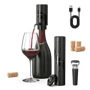 5-in-1 Electric Wine Bottle Opener Set, Rechargeable Wine Opener Kit, Cordless Wine Gift Set with Foil Cutter, Electric Aerator & Pourer and Vacuum Stopper for Wine Lovers, Black 5-in-1 Electric Wine Bottle Opener Set, Rechargeable Wine Opener Kit, Cordless Wine Gift Set with Foil Cutter, Electric Aerator & Pourer and Vacuum Stopper for Wine Lovers, Black