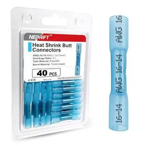 40PCS 16-14 AWG Heat Shrink Butt Connectors, Blue Butt Connectors, Waterproof Crimp Wire Splices, Insulated Electrical Terminals for Auto Marine Wiring 40PCS 16-14 AWG Heat Shrink Butt Connectors, Blue Butt Connectors, Waterproof Crimp Wire Splices, Insulated Electrical Terminals for Auto Marine Wiring