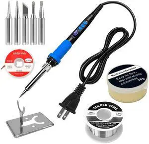 909A 90W Blue Soldering Iron Kit with LED Display & Ceramic Heater, Adjustable Temperature Digital Soldering Tool, Includes Tips, Solder Wire, Stand, Desoldering Wick, Flux Paste 909A 90W Blue Soldering Iron Kit with LED Display & Ceramic Heater, Adjustable Temperature Digital Soldering Tool, Includes Tips, Solder Wire, Stand, Desoldering Wick, Flux Paste