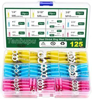 125Pcs Heat Shrink Ring Wire Connectors#10,1/4",5/16"(3 Colors/3Sizes) 12-10 16-14 22-16 Gauge Waterproof Automotive Marine Electrical Terminals KitInsulated Crimp Connector Assortment 125Pcs Heat Shrink Ring Wire Connectors#10,1/4",5/16"(3 Colors/3Sizes) 12-10 16-14 22-16 Gauge Waterproof Automotive Marine Electrical Terminals KitInsulated Crimp Connector Assortment