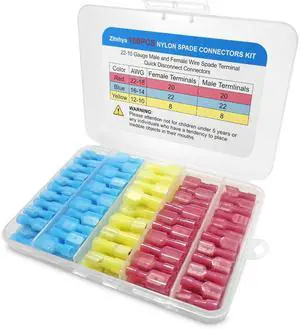 100Pcs Nylon Insulated Spade Connector Kit, 22-10 AWG Male & Female Quick Disconnect Electrical Crimp Terminals, Tinned Copper Wire Terminals for Automotive, Marine, Stereo Wiring 100Pcs Nylon Insulated Spade Connector Kit, 22-10 AWG Male & Female Quick Disconnect Electrical Crimp Terminals, Tinned Copper Wire Terminals for Automotive, Marine, Stereo Wiring