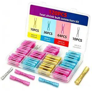 120PCS Heat Shrink Butt Connectors Kit (4 Sizes, AWG 26-10) 120PCS Heat Shrink Butt Connectors Kit (4 Sizes, AWG 26-10)