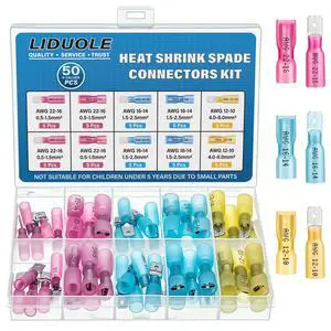 Heat Shrink Spade Connectors 22-10 AWG Female Male Spade Terminal Kit Insulated Crimp Electrical Wire Connector for Marine Automotive Wiring (Pack of 50Pcs) Heat Shrink Spade Connectors 22-10 AWG Female Male Spade Terminal Kit Insulated Crimp Electrical Wire Connector for Marine Automotive Wiring (Pack of 50Pcs)