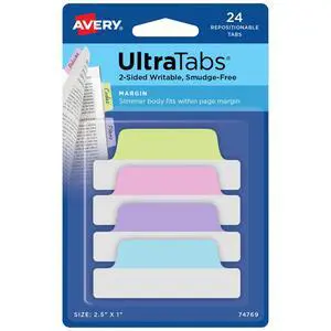 Margin Ultra Tabs, 24 Repositionable Sticky Tabs, 2.5" x 1", 2-Side Writable Page Markers in Assorted Pastel Colors, 1 Pack (74769) Margin Ultra Tabs, 24 Repositionable Sticky Tabs, 2.5" x 1", 2-Side Writable Page Markers in Assorted Pastel Colors, 1 Pack (74769)