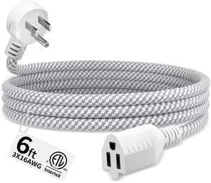 16 Gauge Braided Extension Cord 6 FT, 16/3 Flat Plug Power Cord Indoor, 3 Prong White Extension Cable Flexible for Home Dorm Room Essentials, 13A 125V 1625W, ETL Listed 16 Gauge Braided Extension Cord 6 FT, 16/3 Flat Plug Power Cord Indoor, 3 Prong White Extension Cable Flexible for Home Dorm Room Essentials, 13A 125V 1625W, ETL Listed