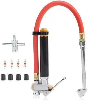 20701A Tire Inflator | 12 Inch | Flexible Air Tire Pressure Gauge | 20 120 PSI | 1/4 NPT Offset Dual Head Chuck | Tire Filler with Hose | Aluminum Body and Brass Valves | Stem Valve Caps 20701A Tire Inflator | 12 Inch | Flexible Air Tire Pressure Gauge | 20 120 PSI | 1/4 NPT Offset Dual Head Chuck | Tire Filler with Hose | Aluminum Body and Brass Valves | Stem Valve Caps